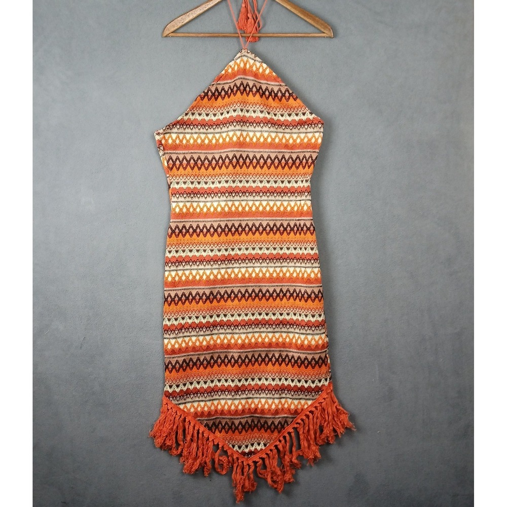 Anna Kaci Crocheted Tassel Suspender Dress Womens XL Orange Halter Neck Slim Fit